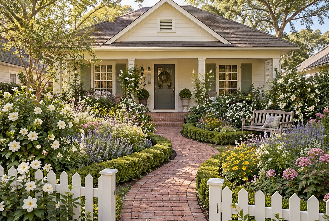 Cream one-story cottage front garden with abundant flowers, clipped hedges and a curved brick walk