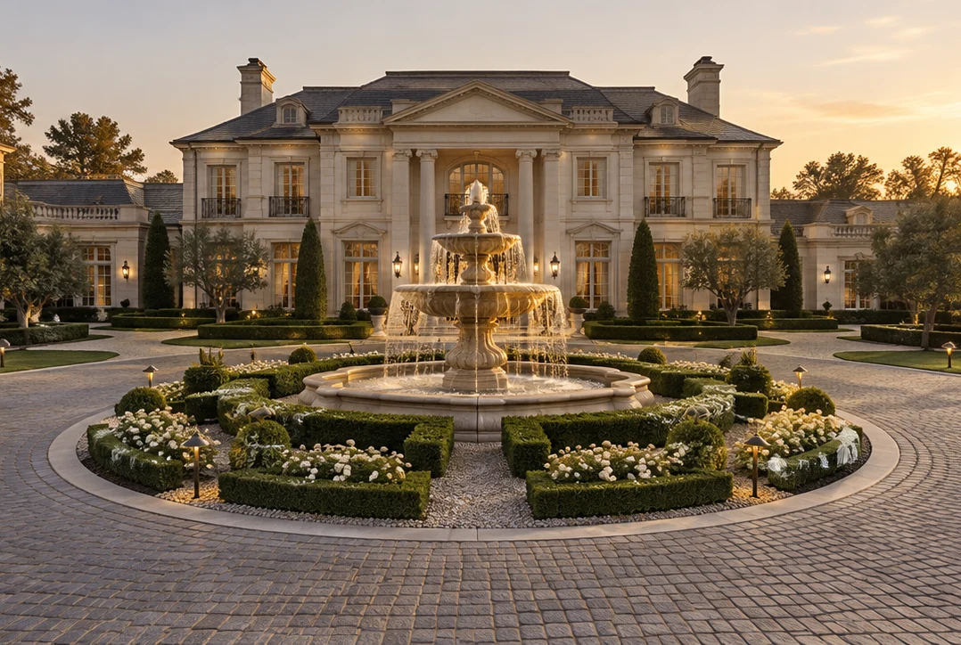 Grand pale-stone mansion circular driveway with a tiered fountain and formal low hedges at golden hour