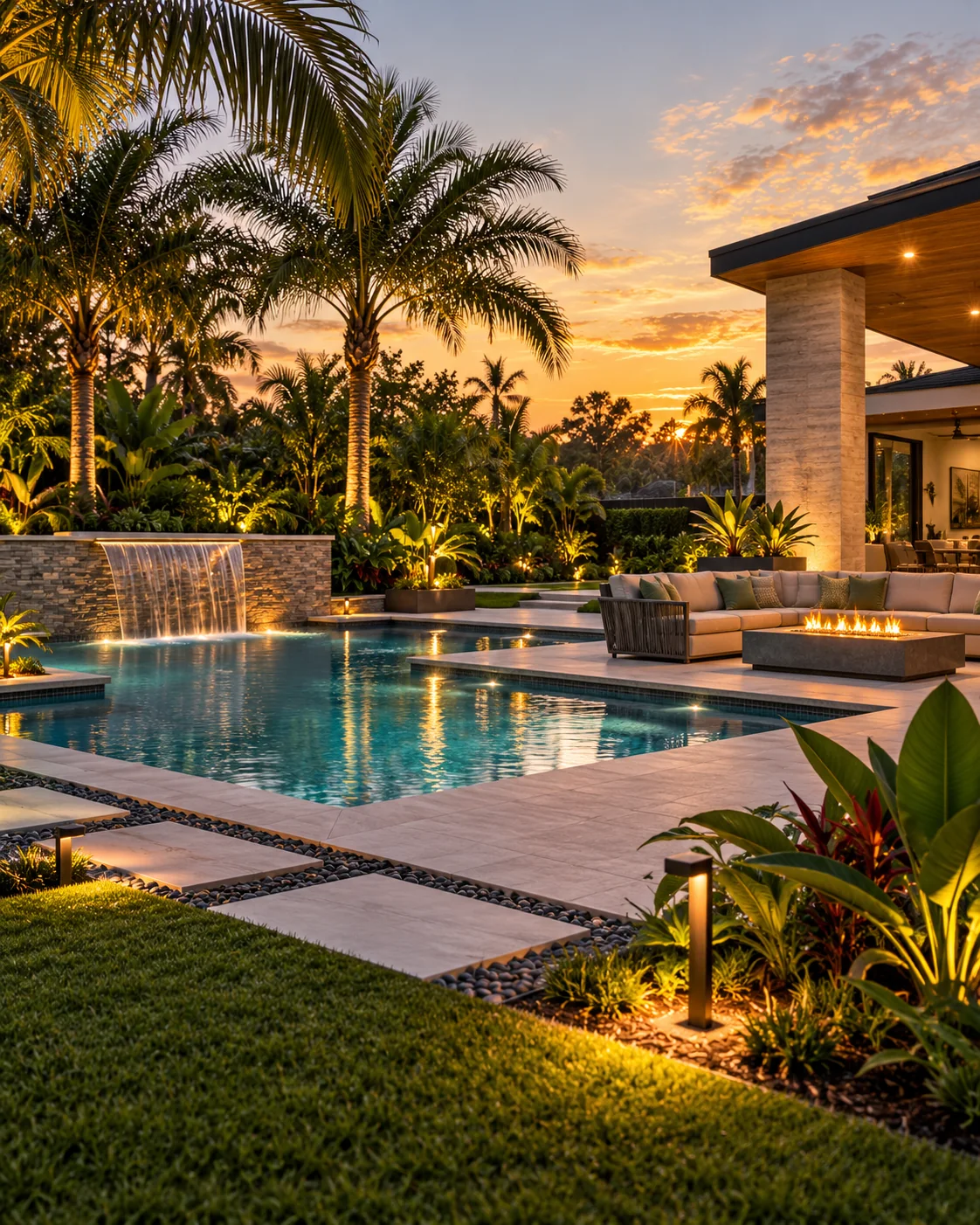 Poolside palms and architectural landscape lighting at dusk