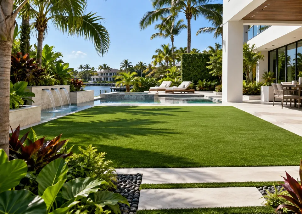 Artificial turf lawn integrated into a poolside landscape